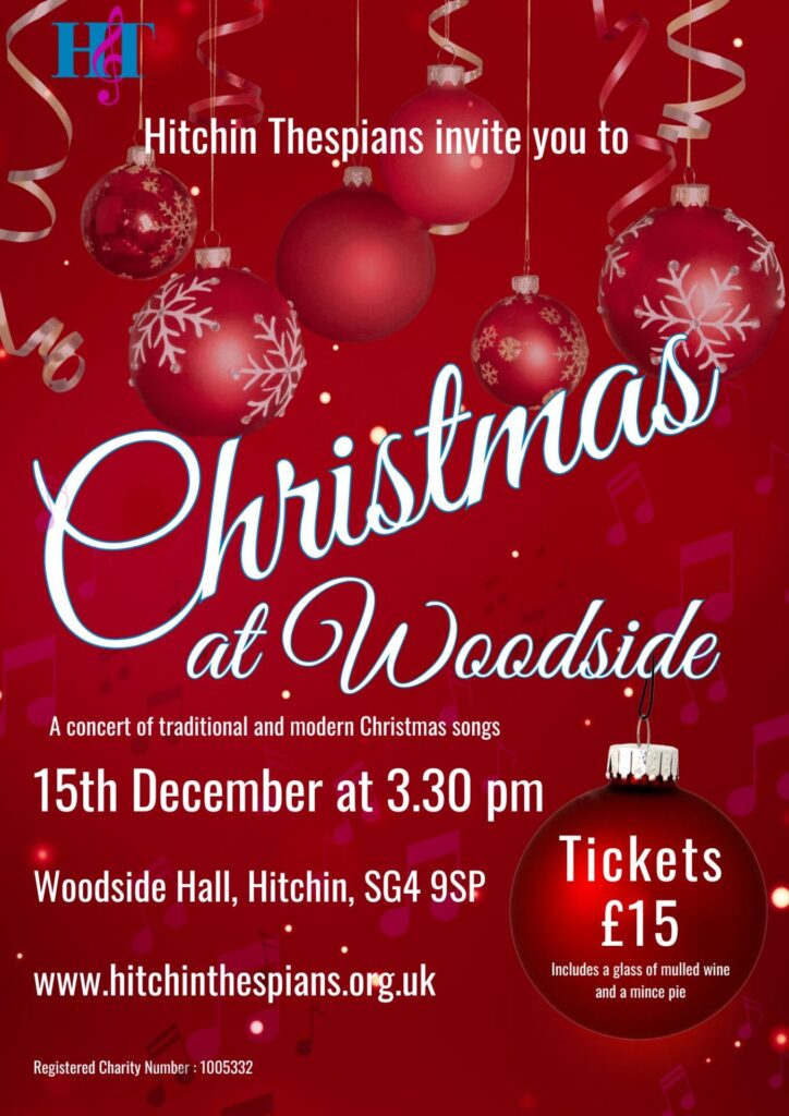 Red poster with Christmas baubles in red and silver, Christmas at Woodside in words and details of concert